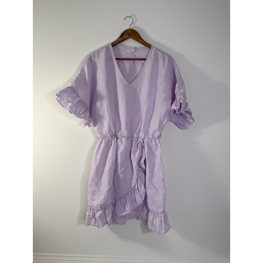 ✿ Cut And Run Lavender Linen Ruffle Wrap Dress Boho V Neck Summer M